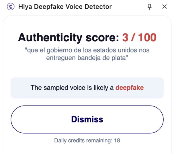 Fuente: Resultados que arrojó la herramienta Hiya Deepfake Voice Detector